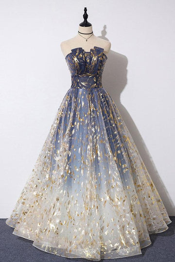 Unique A Line Strapless Ombre Long Prom Dress Stunning Party Dresses HZ1023